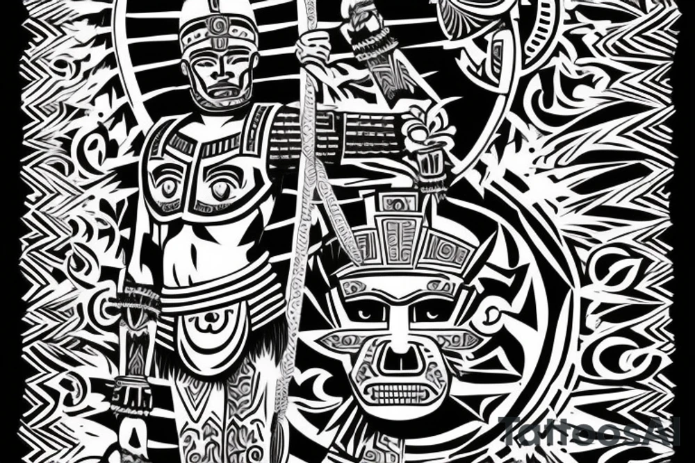 Aztec warrior in the glory of battle, Aztec gods looking down on him proud tattoo idea