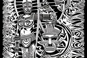 Aztec warrior in the glory of battle, Aztec gods looking down on him proud tattoo idea