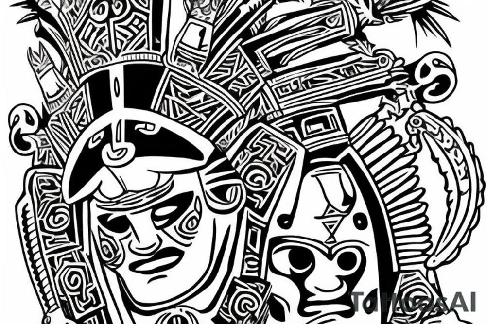 Aztec warrior in the glory of battle, Aztec gods looking down on him proud tattoo idea