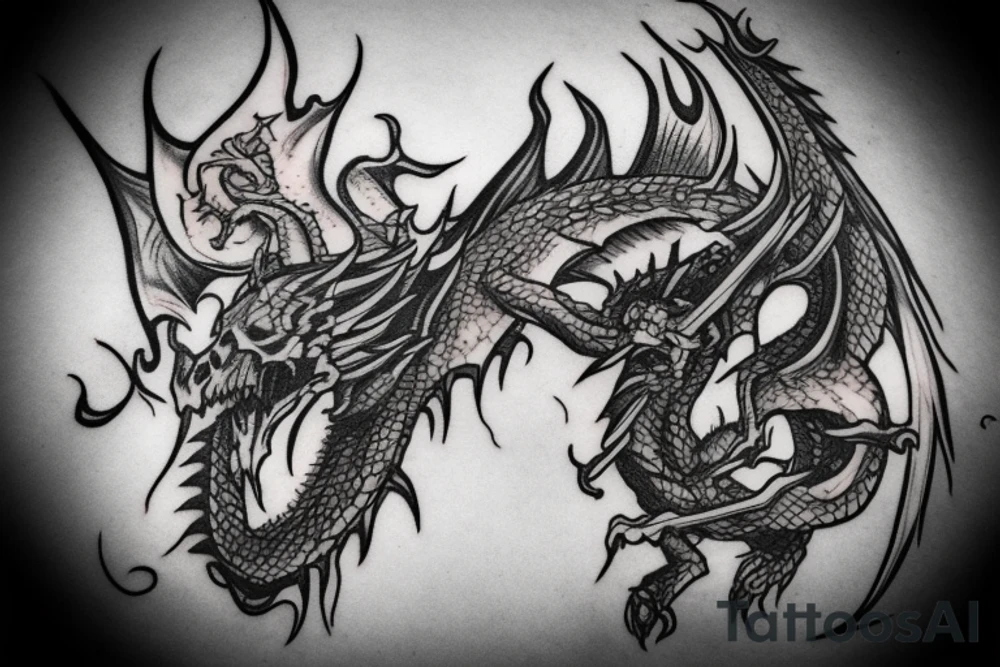 A skull a dragon flames sword tattoo idea