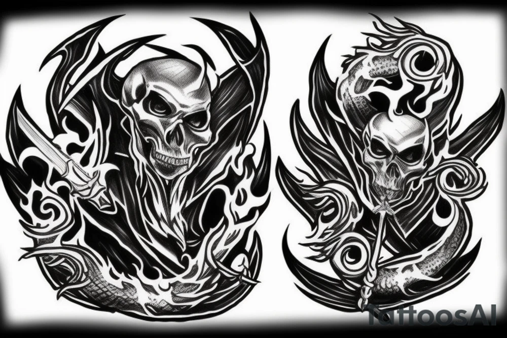 A skull a dragon flames sword tattoo idea