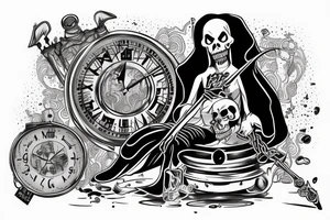 sleeve of the grim reaper sitting on a thrown and under have the sands of time coming from a broken hour class and time vanishing from other time devices tattoo idea