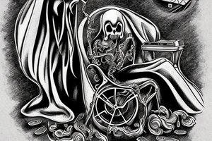 sleeve of the grim reaper sitting on a thrown and under have the sands of time coming from a broken hour class and time vanishing from other time devices tattoo idea