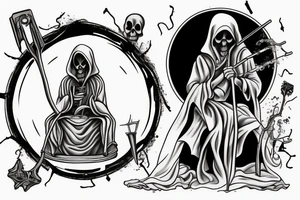 sleeve of the grim reaper sitting on a thrown and under have the sands of time coming from a broken hour class and time vanishing from other time devices tattoo idea