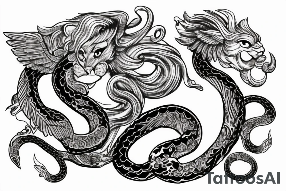 Serpent wrapping around winged lion with horns. Space background tattoo idea