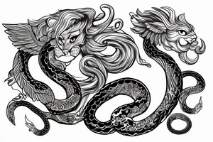 Serpent wrapping around winged lion with horns. Space background tattoo idea