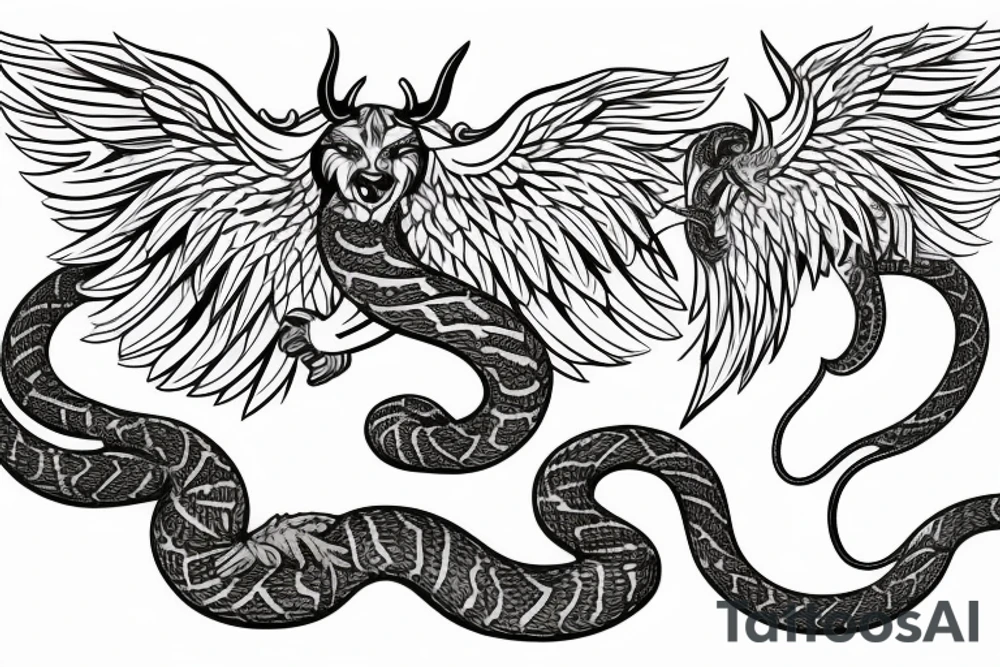 Serpent wrapping around winged lion with horns. Space background tattoo idea