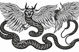 Serpent wrapping around winged lion with horns. Space background tattoo idea