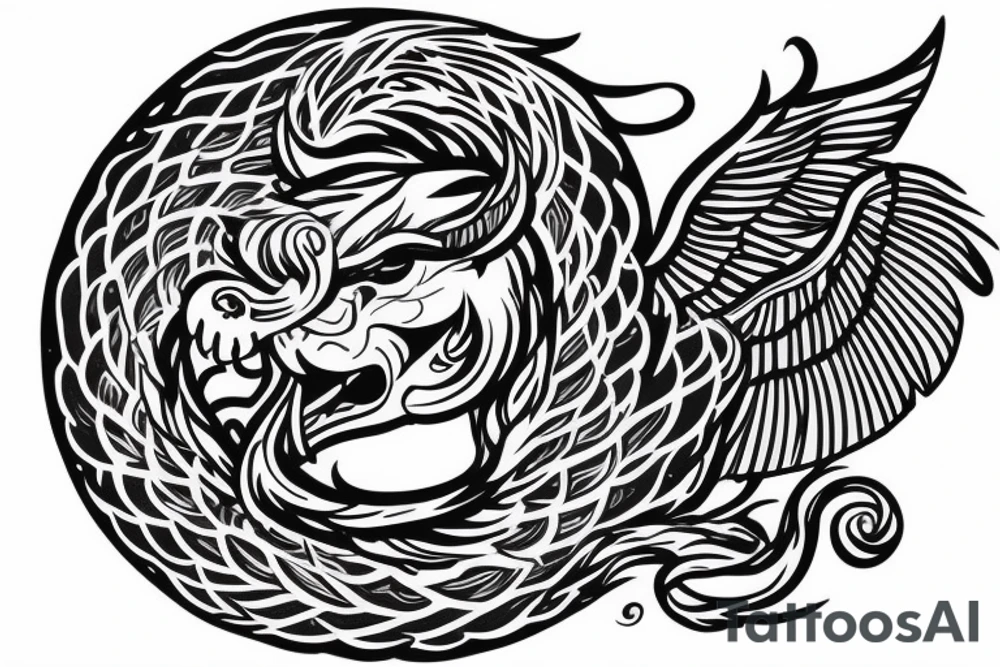 Serpent wrapping around winged lion with horns. Space background tattoo idea