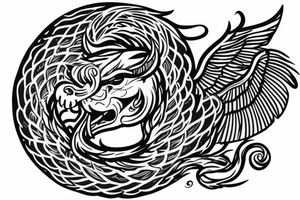 Serpent wrapping around winged lion with horns. Space background tattoo idea