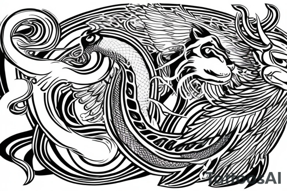 Serpent wrapping around winged lion with horns. Space background tattoo idea
