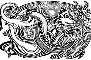 Serpent wrapping around winged lion with horns. Space background tattoo idea