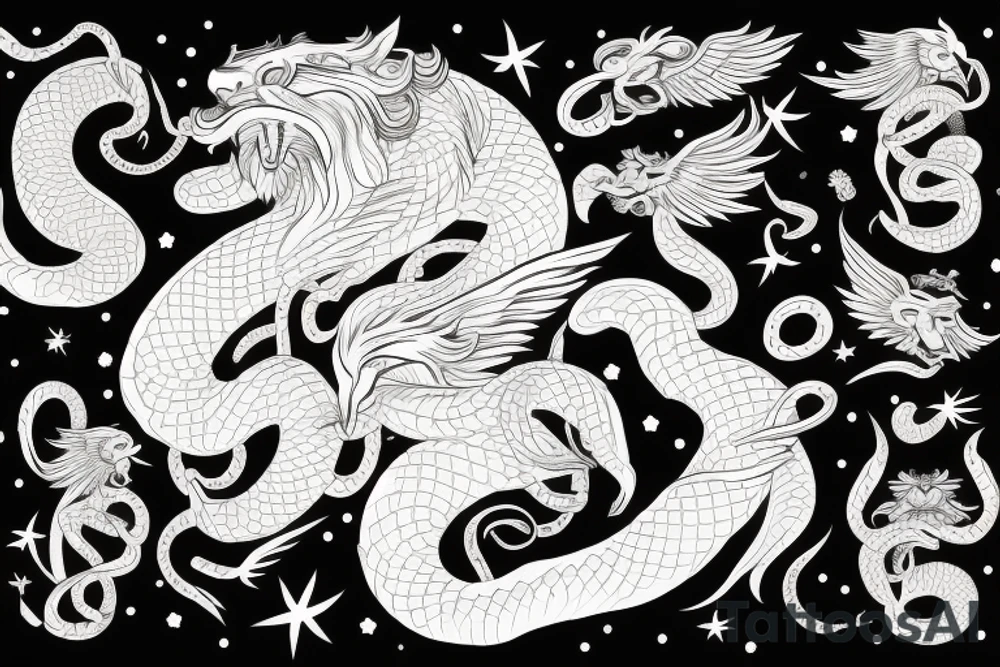 Serpent wrapping around winged lion with horns. Space background tattoo idea