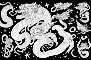 Serpent wrapping around winged lion with horns. Space background tattoo idea