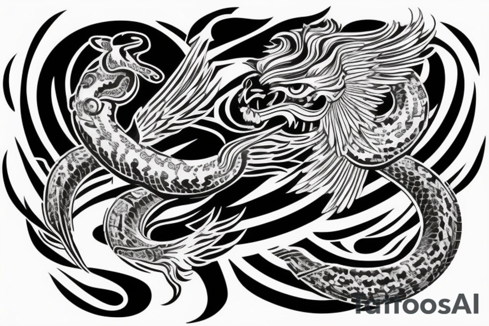 Serpent wrapping around winged lion with horns. Space background tattoo idea