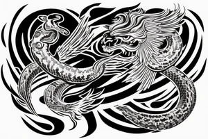 Serpent wrapping around winged lion with horns. Space background tattoo idea
