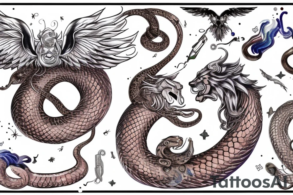 Serpent wrapping around winged lion with horns. Space background tattoo idea