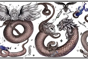 Serpent wrapping around winged lion with horns. Space background tattoo idea