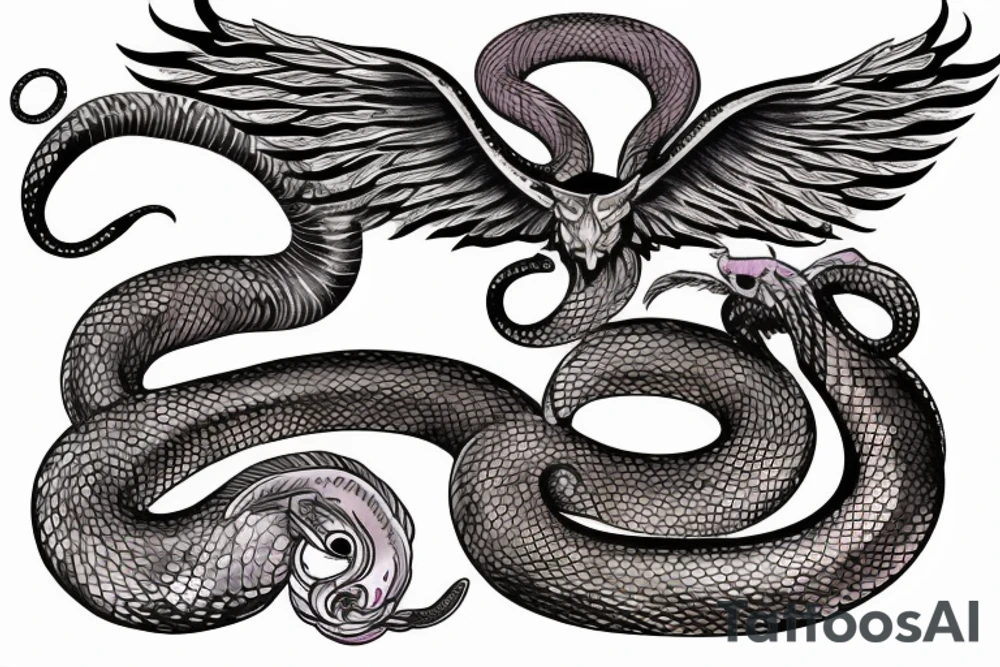 Serpent wrapping around winged lion with horns. Space background tattoo idea