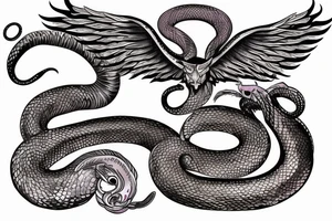 Serpent wrapping around winged lion with horns. Space background tattoo idea