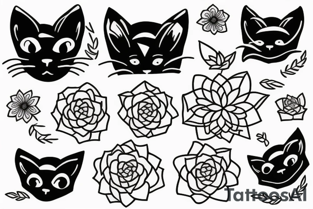 Black cat flowers tattoo idea