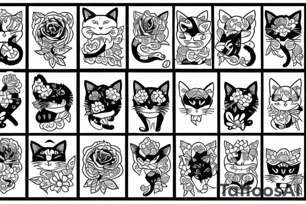 Black cat flowers tattoo idea