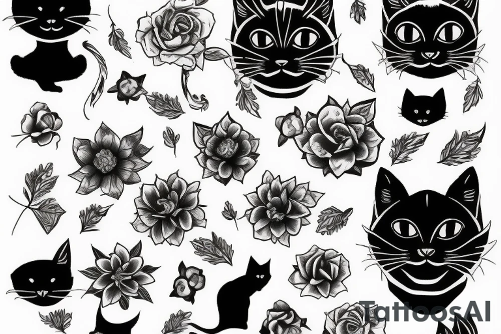 Black cat flowers tattoo idea