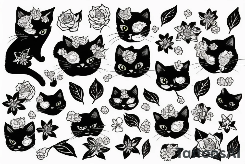 Black cat flowers tattoo idea