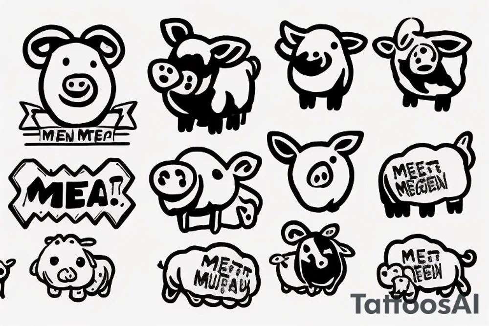 Little pig, little cow, and little sheep with the text "Meat is murder" tattoo idea