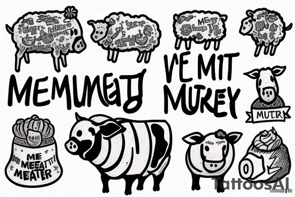 Little pig, little cow, and little sheep with the text "Meat is murder" tattoo idea