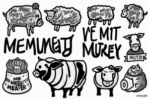 Little pig, little cow, and little sheep with the text "Meat is murder" tattoo idea