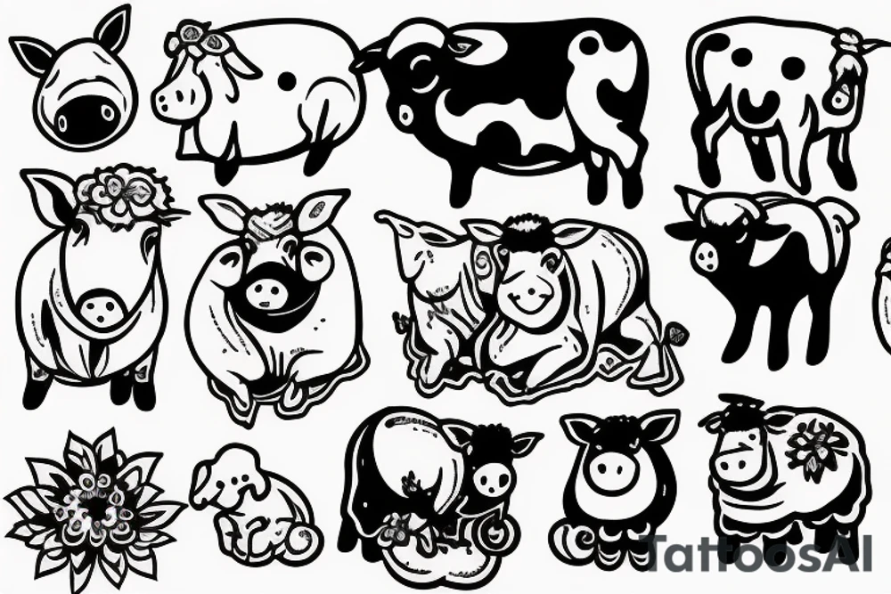 Little pig, little cow, and little sheep together tattoo idea