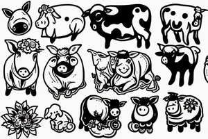 Little pig, little cow, and little sheep together tattoo idea