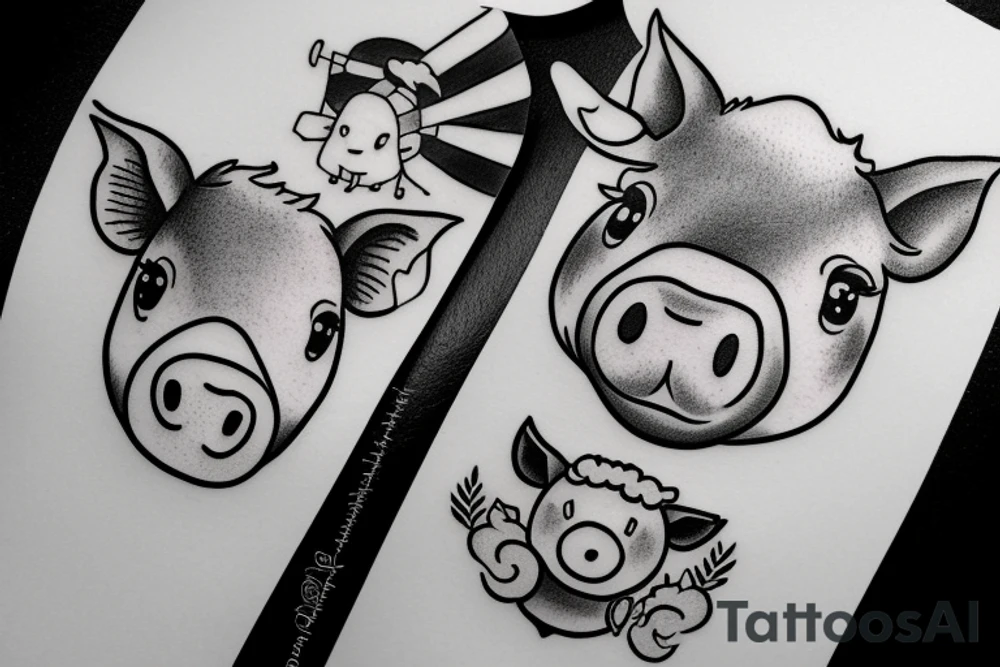 Little pig, little cow, and little sheep together tattoo idea