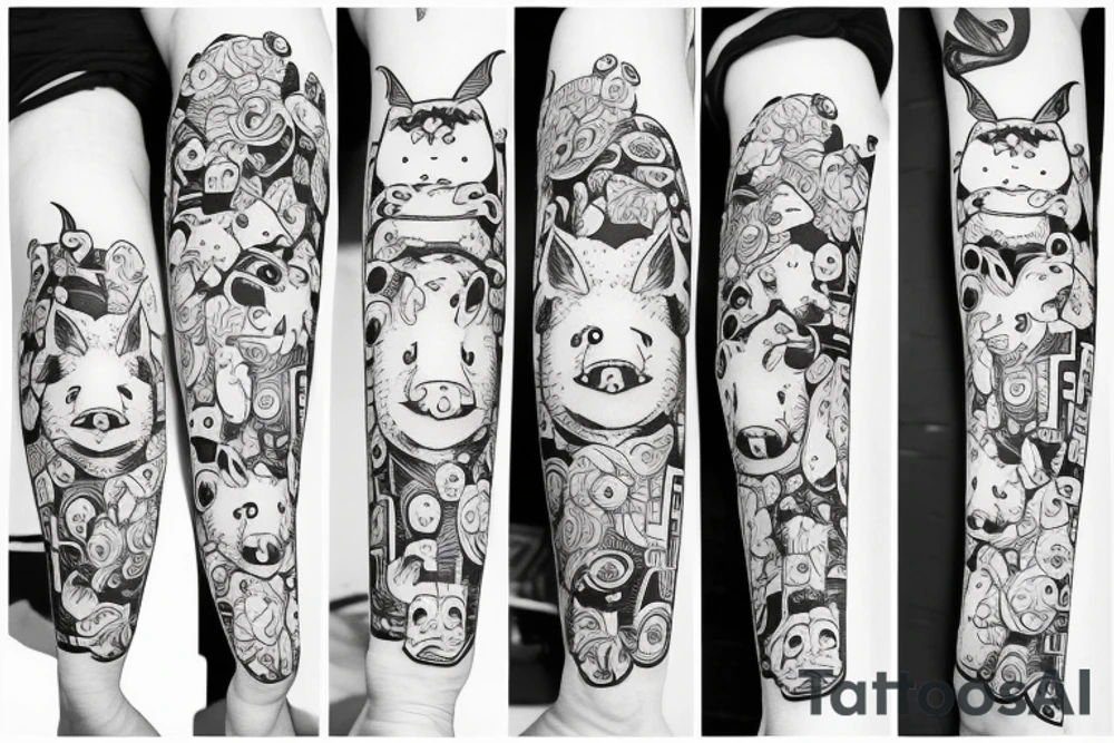 Little pig with little cow together tattoo idea