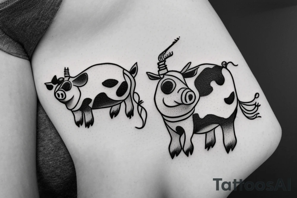 Little pig with little cow together tattoo idea