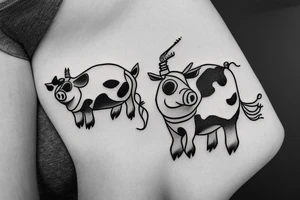 Little pig with little cow together tattoo idea