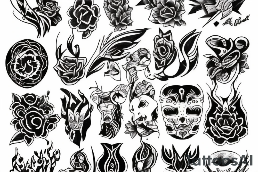 a flash sheet styled traditional with 5 designs that are based off of neotraditional designs tattoo idea