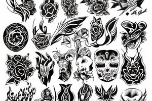 a flash sheet styled traditional with 5 designs that are based off of neotraditional designs tattoo idea