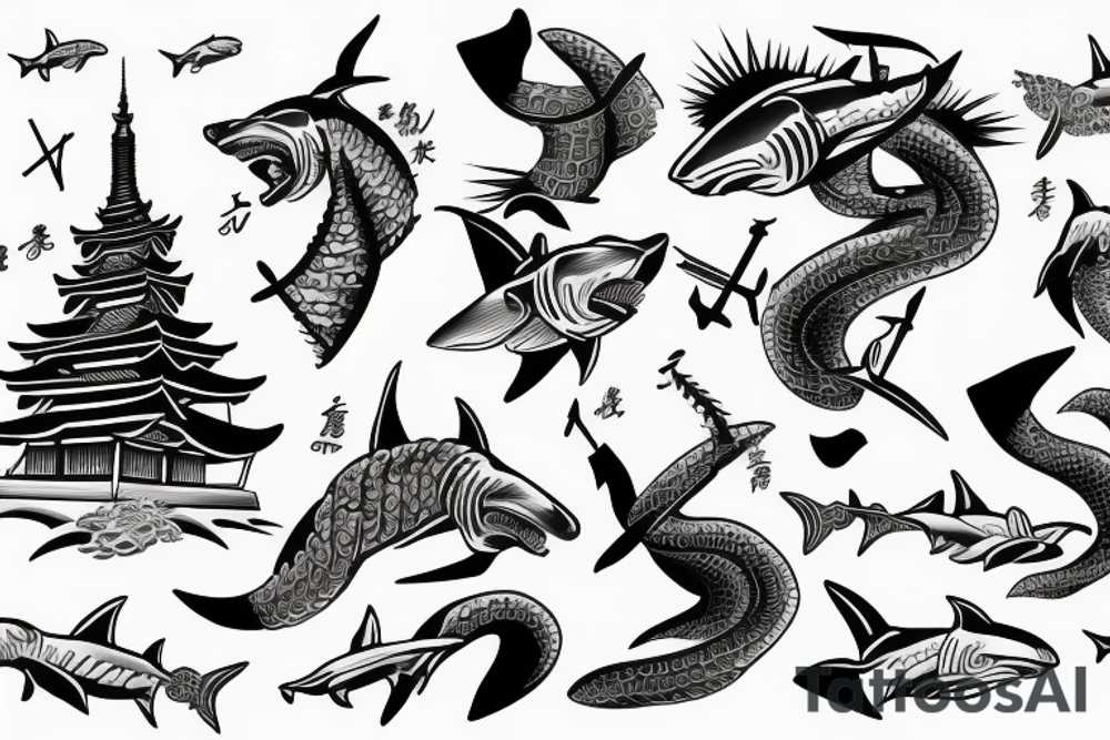 Waves with hammer head shark and pagoda at the top arm sleeve tattoo idea