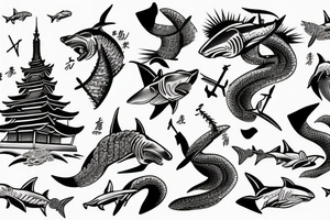 Waves with hammer head shark and pagoda at the top arm sleeve tattoo idea