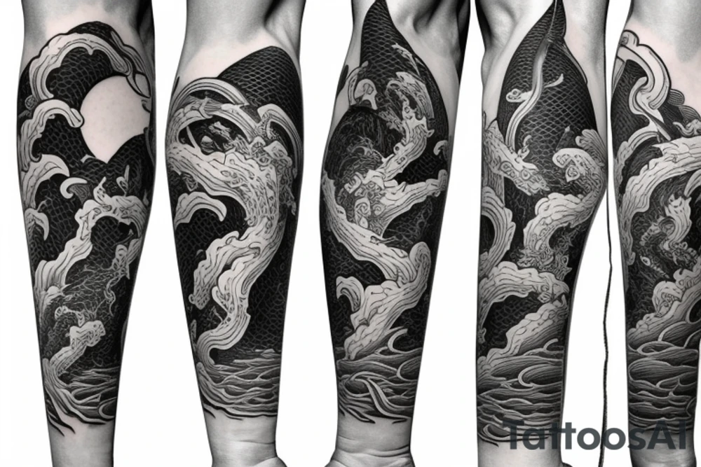 Waves with hammer head shark and pagoda at the top arm sleeve tattoo idea