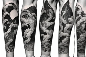 Waves with hammer head shark and pagoda at the top arm sleeve tattoo idea