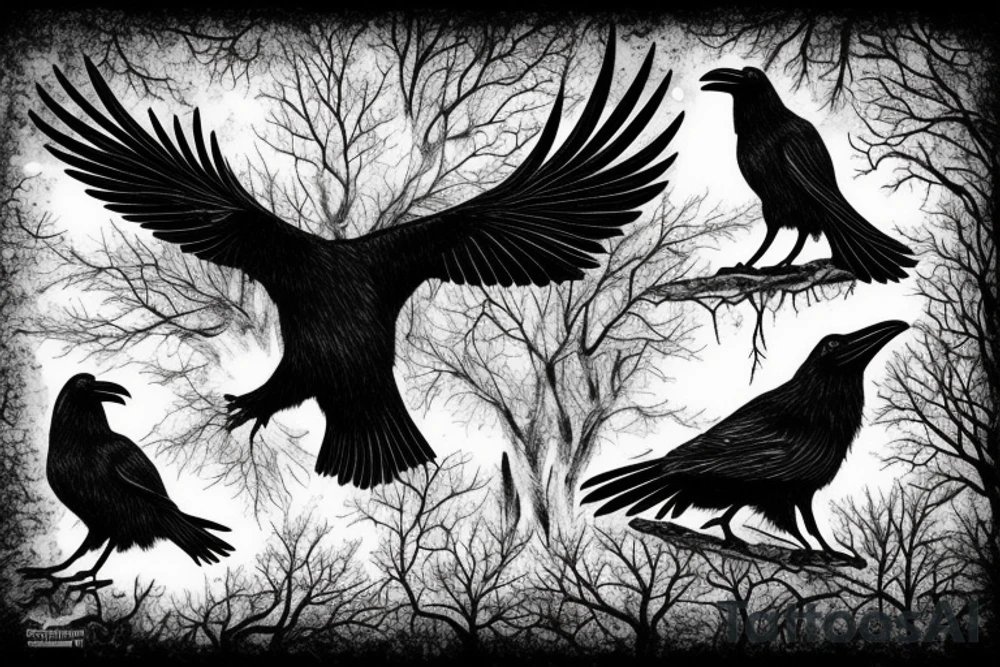 two ravens in forest, winter, snow, mist, celtic, nordic, viking, trees, ice, night, tattoo idea