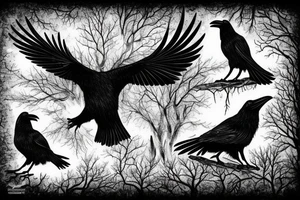 two ravens in forest, winter, snow, mist, celtic, nordic, viking, trees, ice, night, tattoo idea