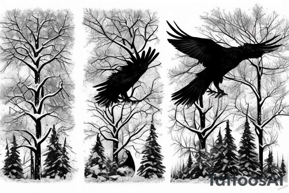 two ravens in forest, winter, snow, mist, celtic, nordic, viking, trees, ice, night, tattoo idea