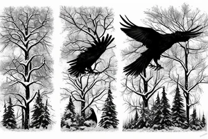 two ravens in forest, winter, snow, mist, celtic, nordic, viking, trees, ice, night, tattoo idea