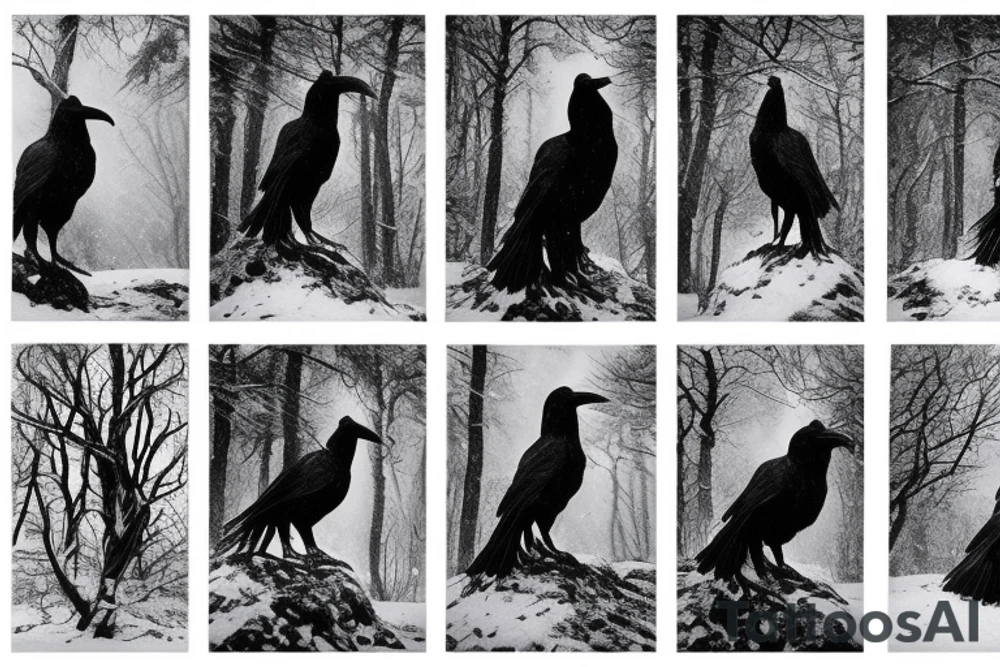 two ravens in forest, winter, snow, mist, celtic, nordic, viking, trees, ice, night, huginn, muginn tattoo idea