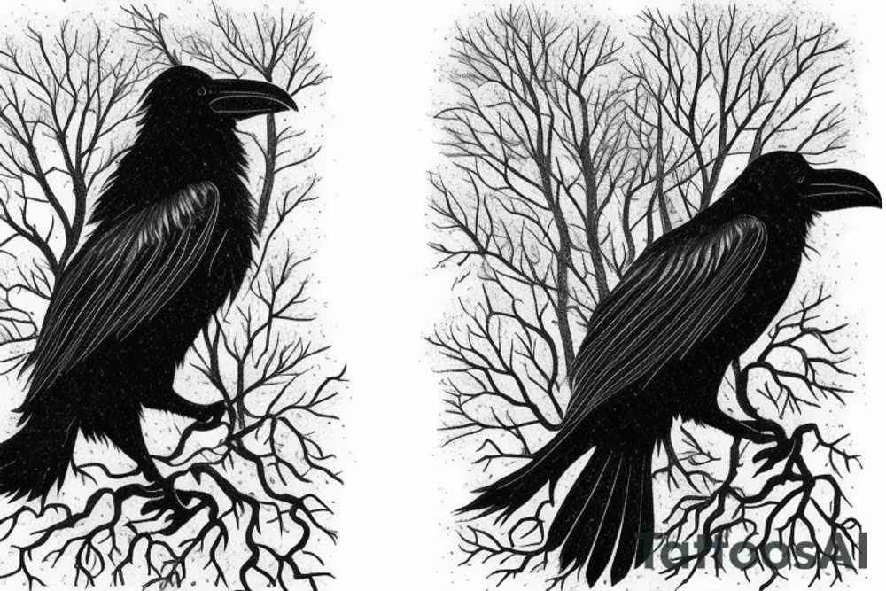two ravens in forest, winter, snow, mist, celtic, nordic, viking, trees, ice, night, huginn, muginn tattoo idea