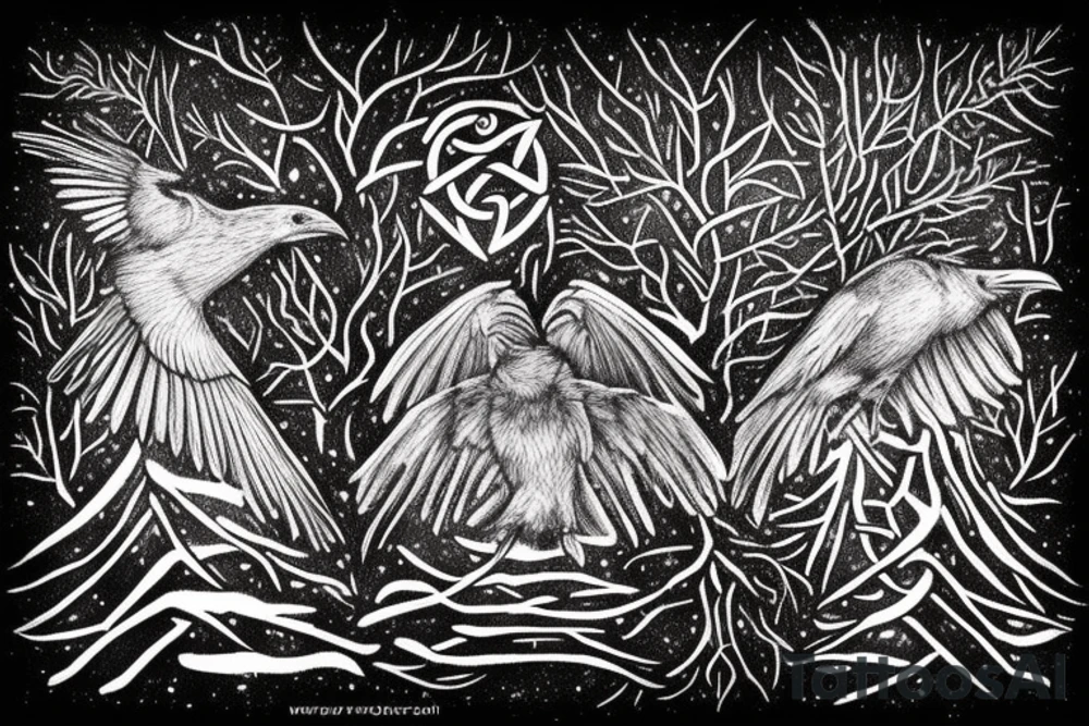 two ravens in forest, winter, snow, mist, celtic, nordic, viking, trees, ice, night, huginn, muginn, norse, vegvisir, rune, ruins tattoo idea